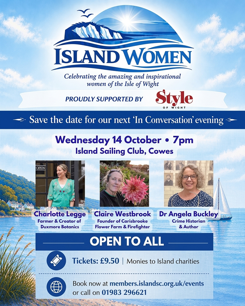 Island Women October 2026 event poster featuring details of the 'In Conversation' evening at the Island Sailing Club in Cowes.